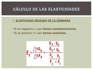 CÁLCULO DE LAS ELASTICIDADES

3. ELASTICIDAD CRUZADA DE LA DEMANDA

 Si es negativa (-) son bienes complementarios.
 Si es positiva (+) son bienes sustitutos.
 