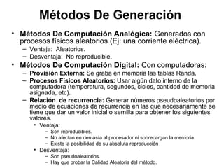 Métodos De Generación  Métodos De Computación Analógica:  Generados con  procesos físicos aleatorios (Ej: una corriente eléctrica). Ventaja:  Aleatorios. Desventaja:  No reproducible. Métodos De Computación Digital:  Con computadoras: Provisión Externa:  Se graba en memoria las tablas Randa. Procesos Físicos Aleatorios:  Usar algún dato interno de la computadora (temperatura, segundos, ciclos, cantidad de memoria asignada, etc). Relación  de recurrencia:  Generar números pseudoaleatorios por medio de ecuaciones de recurrencia en las que necesariamente se tiene que dar un valor inicial o semilla para obtener los siguientes valores.  Ventaja:  Son reproducibles. No afectan en demasía al procesador ni sobrecargan la memoria. Existe la posibilidad de su absoluta reproducción Desventaja:  Son pseudoaleatorios. Hay que probar la Calidad Aleatoria del método. 