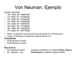 Von Neuman. Ejemplo Semilla: X0=5166. X0= 5166; X0 2  =26687556 X1= 6875; X1 2  =47265625 X2= 2656; X2 2  =07054336 X3= 0543; X3 2  =00294849 X4= 2948; X4 2  =08690704 X5= 6907; X5 2  =47706649 X6= 7066; X6 2  =49928356 X7= 9283; X7 2  =86174089 Serie: 5,1,6,6,6,8,7,5,2,6,5,6,0,5,4,3,2,9,4,8,6,9,0,7,7,0,6,6,9,2,8,3 Largo: 32 Números. Frecuencia Teórica=32/10= 3,2 Periodicidad  El 66 aparece 2 veces El 69 aparece 2 veces … … Recurrencia El 6 aparece 8 veces El 1 aparece 1 vez Cuando la semilla es un número  Primo, Impar y Fraccionario  se obtiene mejores Series. 