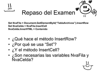 Repaso del Examen <ul><li>Set NvaFila = Document.GetElementById(“TablaArchivos”).InsertRow </li></ul><ul><li>Set NvaCelda ...