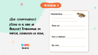 ¿Qué comprendimos?
¿Cómo es el sapo de
Bullock? Trabajando en
pareja, completen la ficha.
CARACTERÍSTICAS:
Dónde vive:
Cómo se DESPLAZA:
Qué come:
SIGUIENTE
ACTIVIDAD 3
 