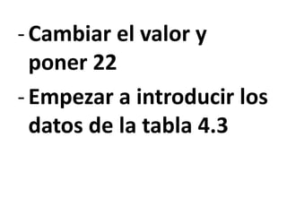 -Cambiar el valor y
poner 22
-Empezar a introducir los
datos de la tabla 4.3
 