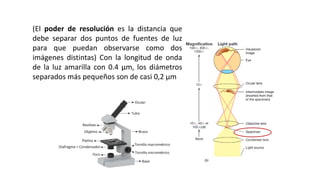 MICROSCOPÍA Y MICROBIOLOGÍA
(El poder de resolución es la distancia que
debe separar dos puntos de fuentes de luz
para que puedan observarse como dos
imágenes distintas) Con la longitud de onda
de la luz amarilla con 0.4 μm, los diámetros
separados más pequeños son de casi 0,2 μm
 