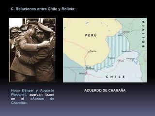 C. Relaciones entre Chile y Bolivia: 
Hugo Bánzer y Augusto 
Pinochet, acercan lazos 
en el «Abrazo de 
Charaña». 
ACUERDO DE CHARAÑA 
 
