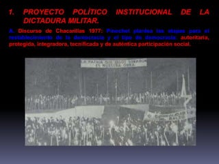 1. PROYECTO POLÍTICO INSTITUCIONAL DE LA 
DICTADURA MILITAR. 
A. Discurso de Chacarillas 1977: Pinochet plantea las etapas para el 
restablecimiento de la democracia y el tipo de democracia: autoritaria, 
protegida, integradora, tecnificada y de auténtica participación social. 
 