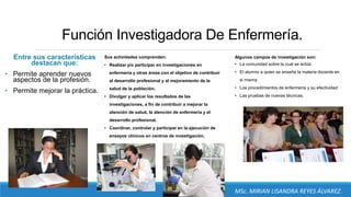 Función Investigadora De Enfermería.
Entre sus características
destacan que:
• Permite aprender nuevos
aspectos de la profesión.
• Permite mejorar la práctica.
Algunos campos de investigación son:
• La comunidad sobre la cual se actúa
• El alumno a quien se enseña la materia docente en
si misma
• Los procedimientos de enfermería y su efectividad
• Las pruebas de nuevas técnicas.
Sus actividades comprenden:
• Realizar y/o participar en investigaciones en
enfermería y otras áreas con el objetivo de contribuir
al desarrollo profesional y al mejoramiento de la
salud de la población.
• Divulgar y aplicar los resultados de las
investigaciones, a fin de contribuir a mejorar la
atención de salud, la atención de enfermería y el
desarrollo profesional.
• Coordinar, controlar y participar en la ejecución de
ensayos clínicos en centros de investigación.
MSc. MIRIAN LISANDRA REYES ÁLVAREZ.
 