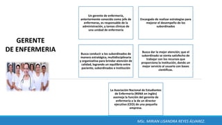 GERENTE
DE ENFERMERIA
Un gerente de enfermería,
anteriormente conocido como jefe de
enfermeras, es responsable de la
administración, y tareas clínicas de
una unidad de enfermería
Encargado de realizar estrategias para
mejorar el desempeño de los
subordinados
Busca conducir a los subordinados de
manera estratégica, multidisciplinaria
y organizativa para brindar atención de
calidad, logrando un equilibrio entre
paciente, subordinados e institución
Busca dar la mejor atención; que el
subordinado se sienta satisfecho de
trabajar con los recursos que
proporciona la institución, dando un
mejor servicio al usuario con bases
científicas.
La Asociación Nacional de Estudiantes
de Enfermería (NSNA en inglés)
asemeja la función del gerente de
enfermería a la de un director
ejecutivo (CEO) de una pequeña
empresa.
MSc. MIRIAN LISANDRA REYES ÁLVAREZ.
 