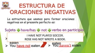 La estructura que usamos para formar oraciones
negativas en el presente perfecto es:
 She has not
eaten
 You have not eaten
 She hasn’t
eaten
 You haven’t eaten
I HAVE NOT PLAYED SOCCER.
ROSE HAS NOT WROTE A BOOK.
 