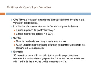 Gráficos de Control por Variables
¤ Otra forma es utilizar el rango de la muestra como medida de la
variación del proceso.
¤ Los límites de control se calcularían de la siguiente forma:
n Límite superior de control = x+A2R
n Límite inferior de control = x-A2R
¤ donde:
n R es la media de los rangos de las muestras
n A2 es un parámetro para los gráficos de control y depende del
tamaño de la muestra (n)
¤ Ejemplo:
20 muestras de n = 8 han sido tomadas de un proceso de
fresado. La media del rango para las 20 muestras era 0.016 cm
y la media de las medias de las muestras 3 cm.
 