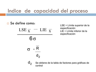 Indice de capacidad del proceso
¨ Se define como:
xLSE xLIE
6σ
σ = R
d2
d2 Se obtiene de la tabla de factores para gráficas de
control
LSE = Límite superior de la
especificación
LIE = Límite inferior de la
especificación
 