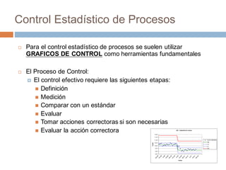 Control Estadístico de Procesos
¨ Para el control estadístico de procesos se suelen utilizar
GRAFICOS DE CONTROL como herramientas fundamentales
¨ El Proceso de Control:
¤ El control efectivo requiere las siguientes etapas:
n Definición
n Medición
n Comparar con un estándar
n Evaluar
n Tomar acciones correctoras si son necesarias
n Evaluar la acción correctora
 
