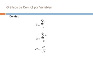 Gráficos de Control por Variables
n
x
x
n
I
i
∑=
= 1
k
x
x
n
i
i
∑=
= 1
n
x
σ
σ =
Donde :
 