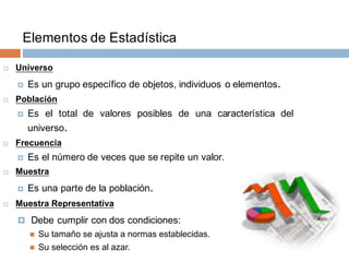 ¨ Universo
¤ Es un grupo específico de objetos, individuos o elementos.
¨ Población
¤ Es el total de valores posibles de una característica del
universo.
¨ Frecuencia
¤ Es el número de veces que se repite un valor.
¨ Muestra
¤ Es una parte de la población.
¨ Muestra Representativa
¤ Debe cumplir con dos condiciones:
n Su tamaño se ajusta a normas establecidas.
n Su selección es al azar.
Elementos de Estadística
 