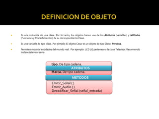 

Es una instancia de una clase. Por lo tanto, los objetos hacen uso de los Atributos (variables) y Métodos
(Funciones y Procedimientos) de su correspondiente Clase.



Es una variable de tipo clase. Por ejemplo: El objeto Cesar es un objeto de tipo Clase: Persona.



Permiten modelar entidades del mundo real. Por ejemplo: LCD LG pertenece a la clase Televisor. Resumiendo
la clase televisor seria:

tipo. De tipo cadena.
Resolución. De tipo cadena
ATRIBUTOS
Marca. De tipo cadena.
METODOS
Emitir_Señal ( )
Emitir_Audio ( )
Decodificar_Señal (señal_entrada)

 