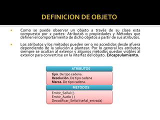 

Como se puede observar un objeto a través de su clase esta
compuesto por 2 partes: Atributos o propiedades y Métodos que
definen el comportamiento de dicho objetos a partir de sus atributos.



Los atributos y los métodos pueden ser o no accedidos desde afuera
dependiendo de la solución a plantear. Por lo general los atributos
siempre se ocultan al exterior y algunos métodos quedan visibles al
exterior para convertirse en la interfaz del objeto. Encapsulamiento.
ATRIBUTOS
tipo. De tipo cadena.
Resolución. De tipo cadena
Marca. De tipo cadena.

METODOS
Emitir_Señal ( )
Emitir_Audio ( )
Decodificar_Señal (señal_entrada)

 