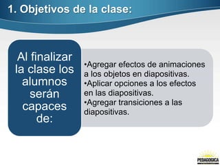 1. Objetivos de la clase:



  Al finalizar
                 •Agregar efectos de animaciones
 la clase los    a los objeto...