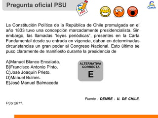 Pregunta oficial PSU
La Constitución Política de la República de Chile promulgada en el
año 1833 tuvo una concepción marcadamente presidencialista. Sin
embargo, las llamadas “leyes periódicas”, presentes en la Carta
Fundamental desde su entrada en vigencia, daban en determinadas
circunstancias un gran poder al Congreso Nacional. Esto último se
puso claramente de manifiesto durante la presidencia de
A)Manuel Blanco Encalada.
B)Francisco Antonio Pinto.
C)José Joaquín Prieto.
D)Manuel Bulnes.
E)José Manuel Balmaceda
Fuente : DEMRE - U. DE CHILE,
PSU 2011.
ALTERNATIVA
CORRECTA
E
 