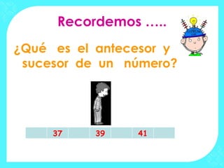Recordemos …..
¿Qué es el antecesor y
 sucesor de un número?




     37   39    41
 