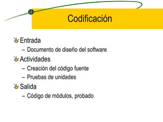 Codificación <ul><li>Entrada </li></ul><ul><ul><li>Documento de diseño del software </li></ul></ul><ul><li>Actividades </l...