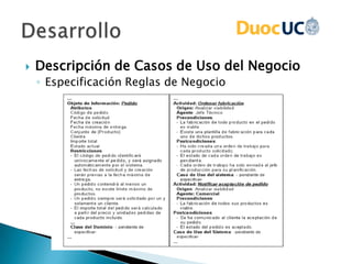  Descripción de Casos de Uso del Negocio
◦ Especificación Reglas de Negocio
 