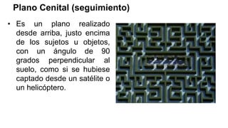Plano Cenital (seguimiento)
• Es un plano realizado
desde arriba, justo encima
de los sujetos u objetos,
con un ángulo de 90
grados perpendicular al
suelo, como si se hubiese
captado desde un satélite o
un helicóptero.
 