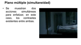 Plano múltiple (simultaneidad)
• Se muestran dos
acciones simultáneas
para enfatizar, en este
caso, los contrastes
existentes entre ambas.
 