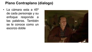 Plano Contraplano (dialogo)
• La cámara esta a 45º
de cada personaje y su
enfoque responde a
las palabras. También
se le conoce como un
escorzo doble
 