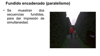 Fundido encadenado (paralelismo)
• Se muestran dos
secuencias fundidas,
para dar impresión de
simultaneidad.
 