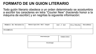 Todo guión literario obedece a un orden determinado se acostumbra
a escribir los caracteres en letra “Courier New” (haciendo honor a la
máquina de escribir) y en negritas la siguiente información:
FORMATO DE UN GUION LITERARIO
 