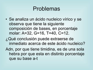 Problemas
• Se analiza un ácido nucleico vírico y se
  observa que tiene la siguiente
  composición de bases, en porcentaje
  molar: A=32, G=16, T=40, C=12.
¿Qué conclusión puede extraerse de
  inmediato acerca de este ácido nucleico?
Adn, por que tiene timidina, es de una sola
  hebra por que esta en distinto porcentaje
  que su base a-t
 