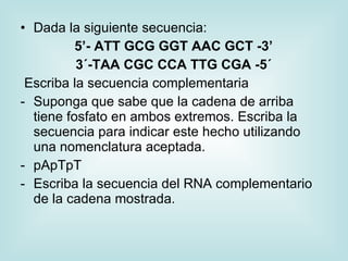 • Dada la siguiente secuencia:
          5’- ATT GCG GGT AAC GCT -3’
          3´-TAA CGC CCA TTG CGA -5´
 Escriba la secuencia complementaria
- Suponga que sabe que la cadena de arriba
  tiene fosfato en ambos extremos. Escriba la
  secuencia para indicar este hecho utilizando
  una nomenclatura aceptada.
- pApTpT
- Escriba la secuencia del RNA complementario
  de la cadena mostrada.
 