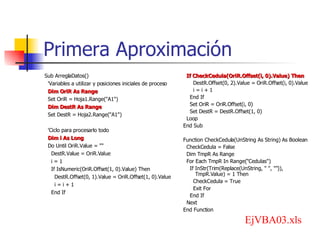 Primera Aproximación Sub ArreglaDatos() 'Variables a utilizar y posiciones iniciales de proceso Dim OriR As Range Set OriR = Hoja1.Range("A1") Dim DestR As Range Set DestR = Hoja2.Range("A1") 'Ciclo para procesarlo todo Dim i As Long Do Until OriR.Value = "" DestR.Value = OriR.Value i = 1 If IsNumeric(OriR.Offset(1, 0).Value) Then DestR.Offset(0, 1).Value = OriR.Offset(1, 0).Value i = i + 1 End If If CheckCedula(OriR.Offset(i, 0).Value) Then DestR.Offset(0, 2).Value = OriR.Offset(i, 0).Value i = i + 1 End If Set OriR = OriR.Offset(i, 0) Set DestR = DestR.Offset(1, 0) Loop End Sub Function CheckCedula(UnString As String) As Boolean CheckCedula = False Dim TmpR As Range For Each TmpR In Range("Cedulas") If InStr(Trim(Replace(UnString, " ", "")), TmpR.Value) = 1 Then CheckCedula = True Exit For End If Next End Function EjVBA03.xls 