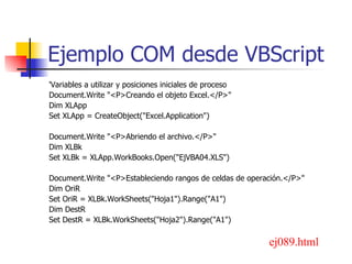 Ejemplo COM desde VBScript <ul><li>'Variables a utilizar y posiciones iniciales de proceso </li></ul><ul><li>Document.Writ...