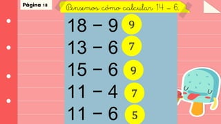 Página 18
Pensemos cómo calcular 14 – 6.
18 − 9
13 − 6
15 − 6
11 − 4
11 − 6
9
7
9
7
5
 