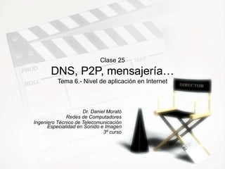 Clase 25
DNS, P2P, mensajería…
Tema 6.- Nivel de aplicación en Internet
Dr. Daniel Morató
Redes de Computadores
Ingeniero Técnico de Telecomunicación
Especialidad en Sonido e Imagen
3º curso
 