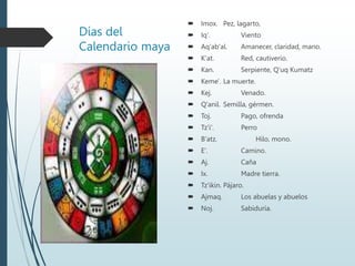 Días del
Calendario maya
 Imox. Pez, lagarto,
 Iq'. Viento
 Aq'ab'al. Amanecer, claridad, mano.
 K'at. Red, cautiverio.
 Kan. Serpiente, Q'uq Kumatz
 Keme'. La muerte.
 Kej. Venado.
 Q'anil. Semilla, gérmen.
 Toj. Pago, ofrenda
 Tz'i'. Perro
 B'atz. Hilo, mono.
 E'. Camino.
 Aj. Caña
 Ix. Madre tierra.
 Tz'ikin. Pájaro.
 Ajmaq. Los abuelas y abuelos
 Noj. Sabiduría.
 