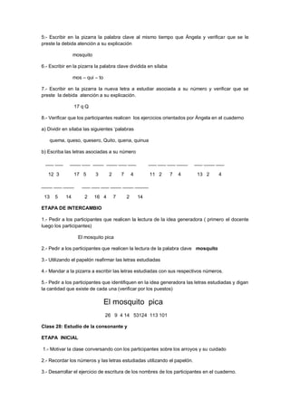 5:- Escribir en la pizarra la palabra clave al mismo tiempo que Ángela y verificar que se le
preste la debida atención a su explicación
mosquito
6.- Escribir en la pizarra la palabra clave dividida en sílaba
mos – qui – to
7.- Escribir en la pizarra la nueva letra a estudiar asociada a su número y verificar que se
preste la debida atención a su explicación.
17 q Q
8.- Verificar que los participantes realicen los ejercicios orientados por Ángela en el cuaderno
a) Dividir en sílaba las siguientes „palabras
quema, queso, quesero, Quito, quena, quinua
b) Escriba las letras asociadas a su número
___ ___ ____ ___ ____ ____ ___ ___ ___ ___ ___ ____ ___ ____ ___
12 3 17 5 3 2 7 4 11 2 7 4 13 2 4
____ ___ ____ ___ ___ ___ ____ ____ _____
13 5 14 2 16 4 7 2 14
ETAPA DE INTERCAMBIO
1.- Pedir a los participantes que realicen la lectura de la idea generadora ( primero el docente
luego los participantes)
El mosquito pica
2.- Pedir a los participantes que realicen la lectura de la palabra clave mosquito
3.- Utilizando el papelón reafirmar las letras estudiadas
4.- Mandar a la pizarra a escribir las letras estudiadas con sus respectivos números.
5.- Pedir a los participantes que identifiquen en la idea generadora las letras estudiadas y digan
la cantidad que existe de cada una (verificar por los puestos)
El mosquito pica
26 9 4 14 53124 113 101
Clase 28: Estudio de la consonante y
ETAPA INICIAL
1.- Motivar la clase conversando con los participantes sobre los arroyos y su cuidado
2.- Recordar los números y las letras estudiadas utilizando el papelón.
3.- Desarrollar el ejercicio de escritura de los nombres de los participantes en el cuaderno.
 