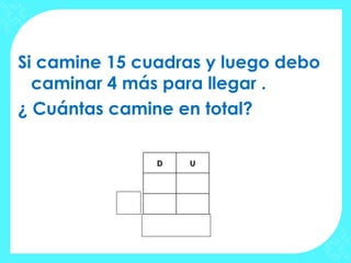 Si camine 15 cuadras y luego debo
  caminar 4 más para llegar .
¿ Cuántas camine en total?

               D   U
 