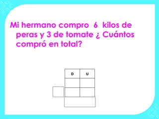 Mi hermano compro 6 kilos de
 peras y 3 de tomate ¿ Cuántos
 compró en total?


              D   U
 