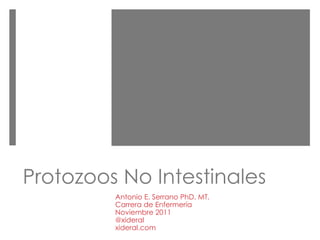 Protozoos No Intestinales
Antonio E. Serrano PhD. MT.
Carrera de Enfermería
Noviembre 2011
@xideral
xideral.com
 