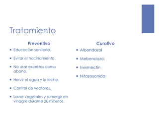 Tratamiento
Preventivo
 Educación sanitaria.
 Evitar el hacinamiento.
 No usar excretas como
abono.
 Hervir el agua y la leche.
 Control de vectores.
 Lavar vegetales y sumergir en
vinagre durante 20 minutos.
Curativo
 Albendazol
 Mebendazol
 Ivermectin
 Nitazoxanida
 