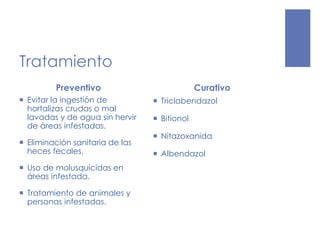 Tratamiento
Preventivo
 Evitar la ingestión de
hortalizas crudas o mal
lavadas y de agua sin hervir
de áreas infestadas.
 Eliminación sanitaria de las
heces fecales.
 Uso de molusquicidas en
áreas infestada.
 Tratamiento de animales y
personas infestadas.
Curativo
 Triclabendazol
 Bitionol
 Nitazoxanida
 Albendazol
 