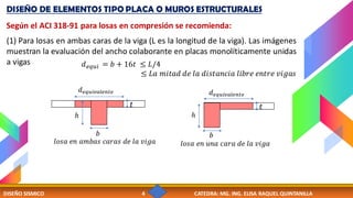 DISEÑO SISMICO 4 CATEDRA: MG. ING. ELISA RAQUEL QUINTANILLA
DISEÑO DE ELEMENTOS TIPO PLACA O MUROS ESTRUCTURALES
Según el ACI 318-91 para losas en compresión se recomienda:
(1) Para losas en ambas caras de la viga (L es la longitud de la viga). Las imágenes
muestran la evaluación del ancho colaborante en placas monolíticamente unidas
a vigas 𝑑𝑒𝑞𝑢𝑖 = 𝑏 + 16𝑡 ≤ 𝐿/4
≤ 𝐿𝑎 𝑚𝑖𝑡𝑎𝑑 𝑑𝑒 𝑙𝑎 𝑑𝑖𝑠𝑡𝑎𝑛𝑐𝑖𝑎 𝑙𝑖𝑏𝑟𝑒 𝑒𝑛𝑡𝑟𝑒 𝑣𝑖𝑔𝑎𝑠
𝑑𝑒𝑞𝑢𝑖𝑣𝑎𝑙𝑒𝑛𝑡𝑒
𝑙𝑜𝑠𝑎 𝑒𝑛 𝑎𝑚𝑏𝑎𝑠 𝑐𝑎𝑟𝑎𝑠 𝑑𝑒 𝑙𝑎 𝑣𝑖𝑔𝑎
𝑏
ℎ
𝑡
𝑙𝑜𝑠𝑎 𝑒𝑛 𝑢𝑛𝑎 𝑐𝑎𝑟𝑎 𝑑𝑒 𝑙𝑎 𝑣𝑖𝑔𝑎
𝑏
ℎ
𝑡
𝑑𝑒𝑞𝑢𝑖𝑣𝑎𝑙𝑒𝑛𝑡𝑒
 