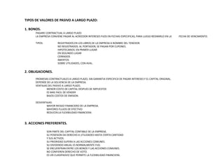 TIPOS DE VALORES DE PASIVO A LARGO PLAZO: 1. BONOS.	PAGARE CONTRACTUAL A LARGO PLAZO	LA EMPRESA CONVIENE PAGAR AL ACREEDOR INTERESES FIJOS EN FECHAS ESPECIFICAS, PARA LUEGO REDIMIRLO EN LA 	FECHA DE VENCIMIENTO.	TIPOS: 		REGISTRADOS EN LOS LIBROS DE LA EMPRESA A NOMBRE DEL TENEDOR.						  	NO REGISTRADOS. AL PORTADOR, SE PAGAN POR CUPONES.		  	HIPOTECARIOS. EN PRIMER LUGAR	      		EN SEGUNDO LUGAR                      		CERRADOS		 	ABIERTOS			SOBRE UTILIDADES, CON AVAL. 2. OBLIGACIONES.	PROMESAS CONTRACTUALES A LARGO PLAZO, SIN GARANTIA ESPECIFICA DE PAGAR INTERESES Y EL CAPITAL ORIGINAL.	DEPENDE DE LA SOLVENCIA DE LA EMPRESA. 	VENTAJAS DEL PASIVO A LARGO PLAZO.		MENOR COSTO DE CAPITAL DESPUES DE IMPUESTOS		ES MAS FACIL DE VENDER		BAJOS COSTOS DE EMISION. 	DESVENTAJAS:		MAYOR RIESGO FINANCIERO DE LA EMPRESA.		MAYORES FLUJOS DE EFECTIVO		REDUCEN LA FLEXIBILIDAD FINANCIERA.  3. ACCIONES PREFERENTES. 		SON PARTE DEL CAPITAL CONTABLE DE LA EMPRESA.		SU POSESION DA DERECHO A UTILIDADES HASTA CIERTA CANTIDAD 		Y SUS ACTIVOS.		SU PRIORIDAD SUPERA A LAS ACCIONES COMUNES.		SU DIVIDENDO ANUAL ES NORMALMENTE FIJO.		SE ENCUENTRAN ENTRE LOS BONOS Y LAS ACCIONES COMUNES.		NO CONFIEREN DERECHO DE VOTO.		ES UN CUASIPASIVO QUE PERMITE LA FLEXIBILIDAD FINANCIERA. 