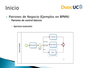  Patrones de Negocio (Ejemplos en BPMN)
◦ Patrones de control básicos
 Ejercicio (solución)
 