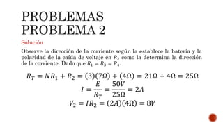 Solución 
Observe la dirección de la corriente según la establece la batería y la 
polaridad de la caída de voltaje en 푅2 como la determina la dirección 
de la corriente. Dado que 푅1 = 푅3 = 푅4. 
푅푇 = 푁푅1 + 푅2 = 3 7Ω + 4Ω = 21Ω + 4Ω = 25Ω 
퐼 = 
퐸 
푅푇 
= 
50푉 
25Ω 
= 2퐴 
푉2 = 퐼푅2 = 2퐴 4Ω = 8푉 
 