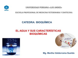 UNIVERSIDAD PERUANA «LOS ANDES»
ESCUELA PROFESIONAL DE MEDICINA VETERINARIA Y ZOOTECNIA
CATEDRA: BIOQUÍMICA
EL AGUA Y SUS CARACTERÍSTICAS
BIOQUÍMICAS
Mg. Martha Valderrama Sueldo
 