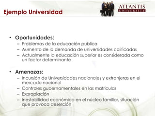 Oportunidades: Problemas de la educación publica Aumento de la demanda de universidades calificadas Actualmente la educación superior es considerada como un factor determinante Amenazas: Incursión de Universidades nacionales y extranjeras en el mercado nacional Controles gubernamentales en las matriculas Expropiación Inestabilidad económica en el núcleo familiar, situación que provoca deserción Ejemplo Universidad 