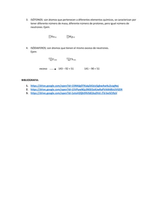 3. ISÓTONOS: son átomos que pertenecen a diferentes elementos químicos, se caracterizan por
tener diferente número de masa, diferente número de protones, pero igual número de
neutrones: Ejem:
𝑁𝑎
11
23
12 𝑀𝑔
12
24
12
4. ISÓDIAFEROS: son átomos que tienen el mismo exceso de neutrones.
Ejem:
𝑈
92
235
143 𝑇ℎ
90
231
141
exceso 143 – 92 = 51 141 – 90 = 51
BIBLIOGRAFIA:
1. https://drive.google.com/open?id=15NXdgOTKyIg3A3zizSgbwAw4u2cogNej
2. https://drive.google.com/open?id=15VPywWjy3NSEGeKJwRaPVAAh8loUVGDX
3. https://drive.google.com/open?id=1etoH2Qhtf4Vb81byDVd-JTd-beSCt9yV
 