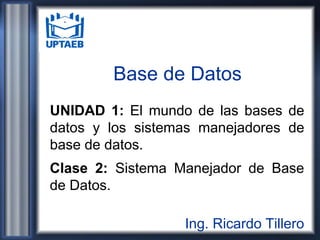 Base de Datos
UNIDAD 1: El mundo de las bases de
datos y los sistemas manejadores de
base de datos.
Clase 2: Sistema Manejador de Base
de Datos.
Ing. Ricardo Tillero
 